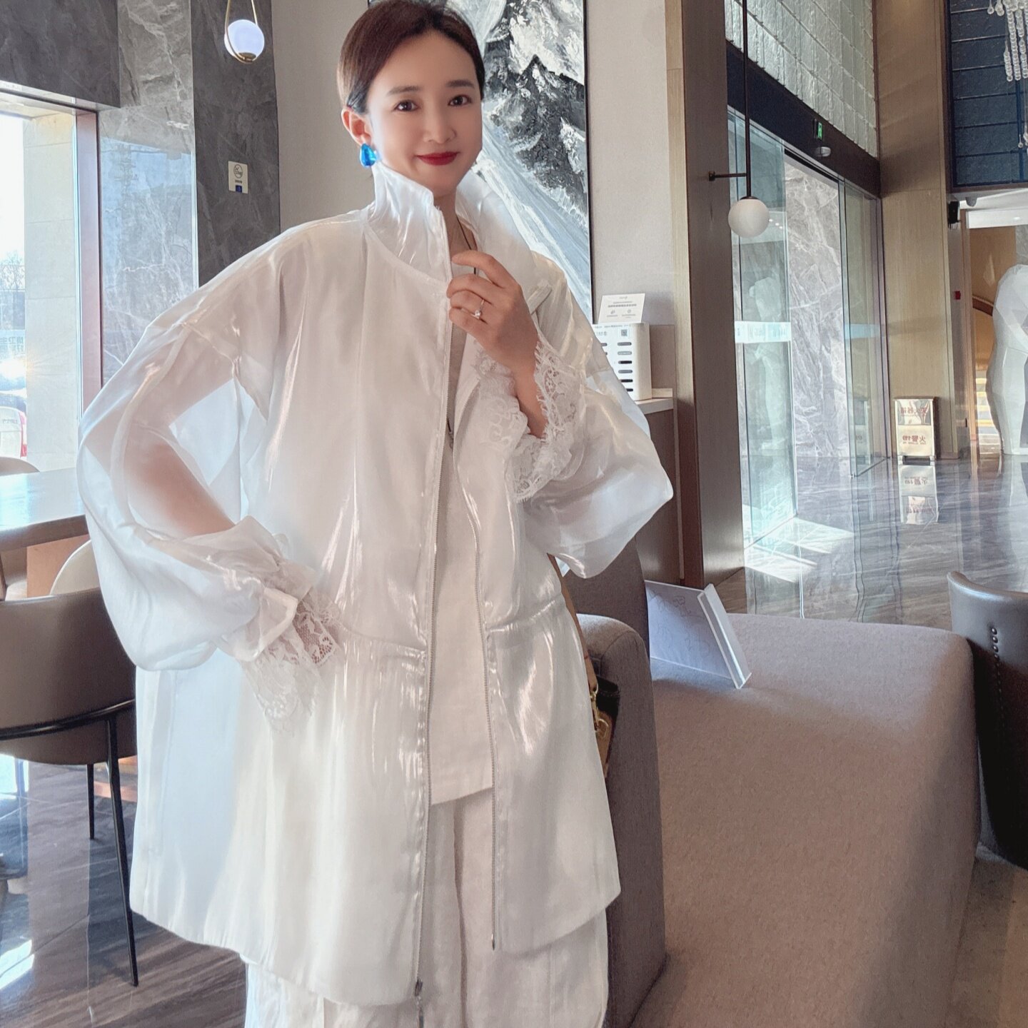 外套女款夏薄款立领宽松中长慵懒风珠光微透防晒衣女时尚洋气时髦