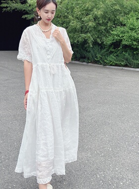 小众不撞款连衣裙遮肚子显瘦轻奢高级感长款独特漂亮苎麻裙子女夏