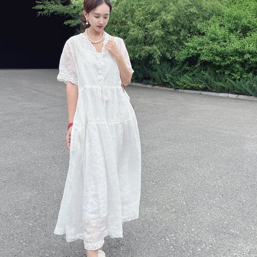 夏季苎麻长款遮肚显瘦连衣裙洋气