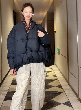 独特超好看羽绒服女款冬季V领套头下摆抽绳宽松宽松bf慵懒风外套