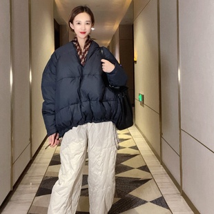 独特超好看羽绒服女款冬季V领套头下摆抽绳宽松宽松bf慵懒风外套