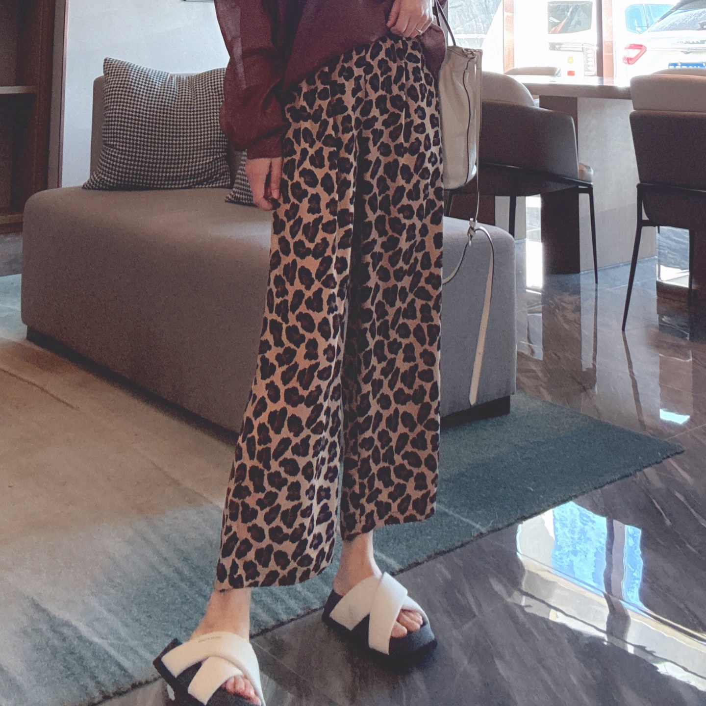 真丝棕色九分裤高腰薄款通勤宽松