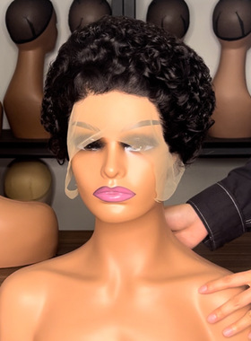 humanhair外贸假发真发前蕾丝小精灵头套pixie wig13x1假发短发