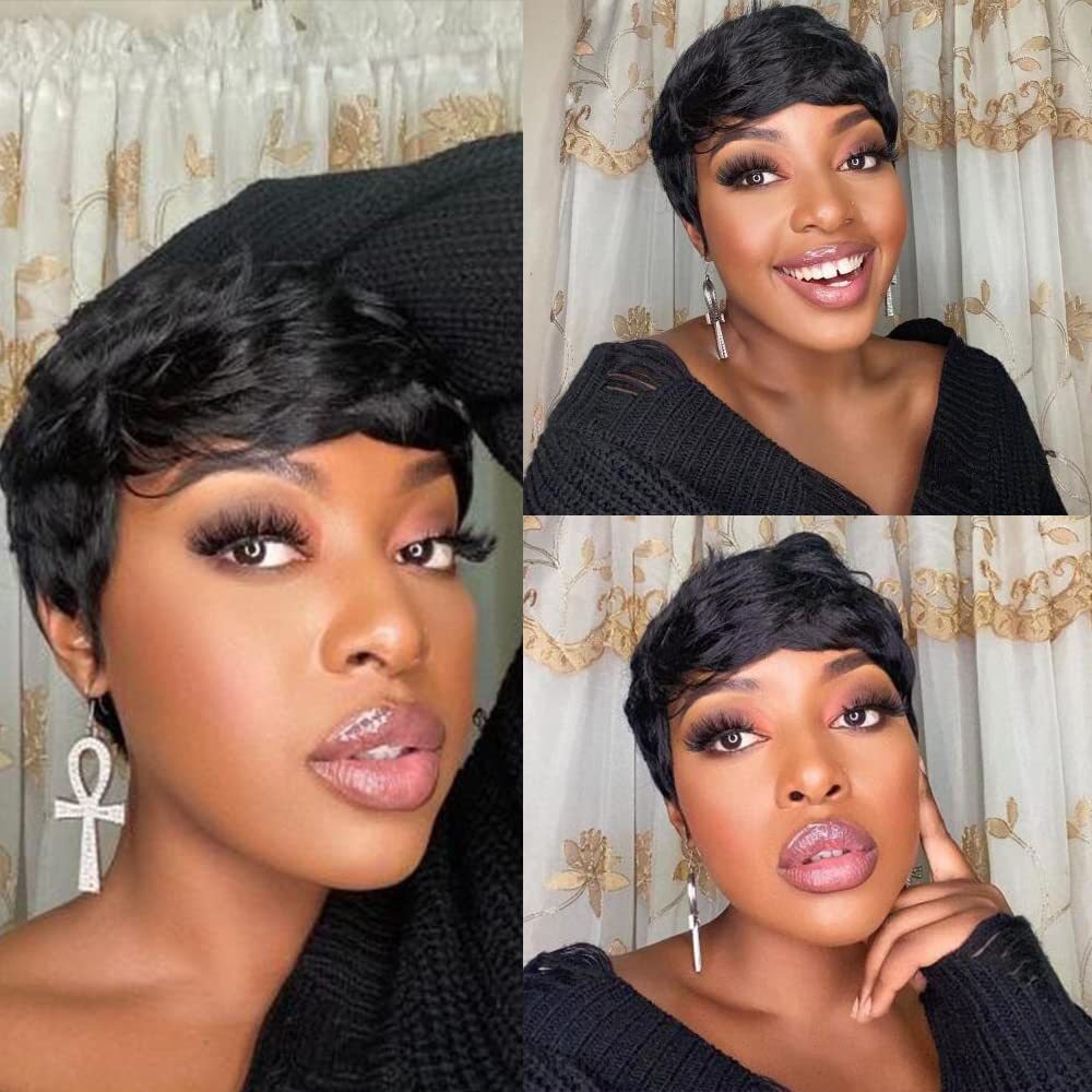 全机制真人发小精灵短头套Wig With Bangs Bob Pixie Cut Wigs