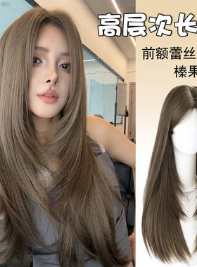 前额蕾丝高层次假发全头套式榛果灰棕中分长直发自然仿真公主洋气