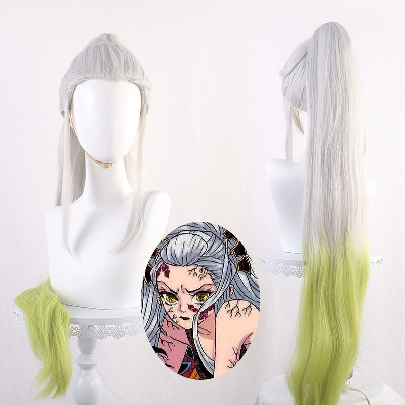 豆蔻 堕姬cos假发鬼灭之刃 上弦陸 堕姬 银白绿渐变 cos假发 现货