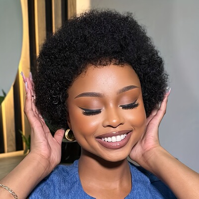 6inch Short Afro Kinky Curly Human Hair Wigs非洲卷爆炸头发套