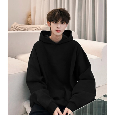 黑色卫衣男款秋冬青少年慵懒连帽衫美式重磅硬挺外套oversize上衣