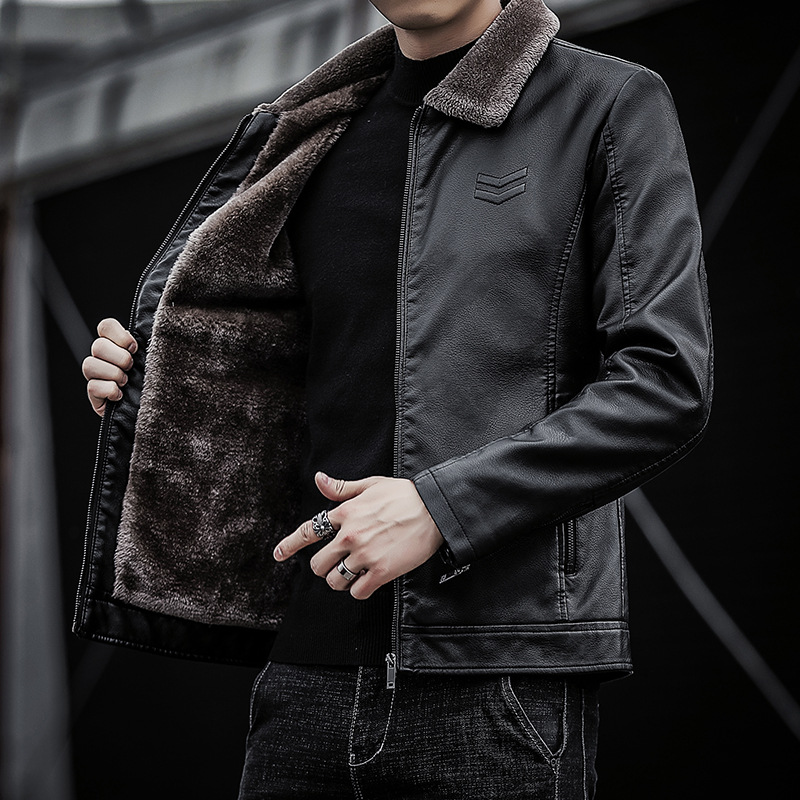 秋冬新款男士皮毛一体皮衣加绒青年翻领外套商务夹克皮衣男装