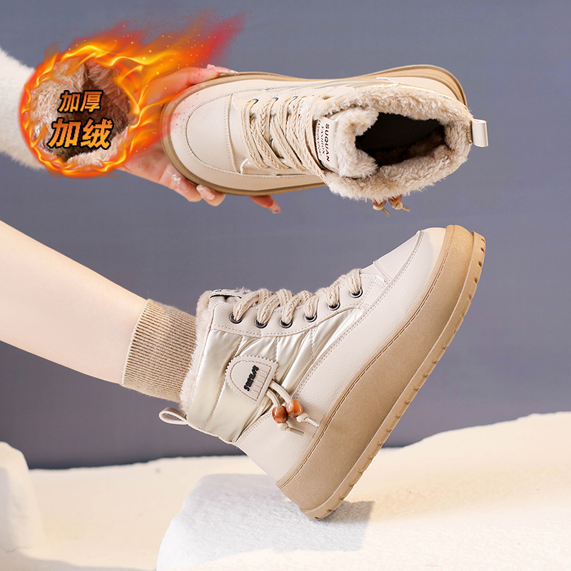 高帮女鞋2025新款冬季加绒保暖棉鞋皮面防水防滑厚底运动休闲板鞋
