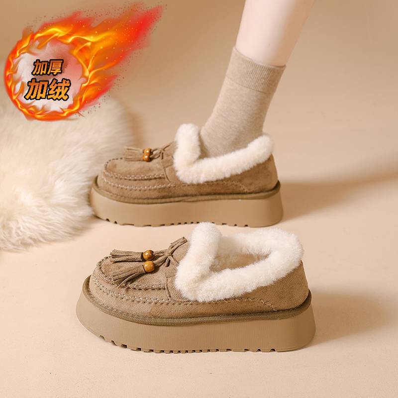 时尚串珠加绒勃肯鞋女2025新款冬季保暖毛毛鞋厚底系带棉鞋雪地靴