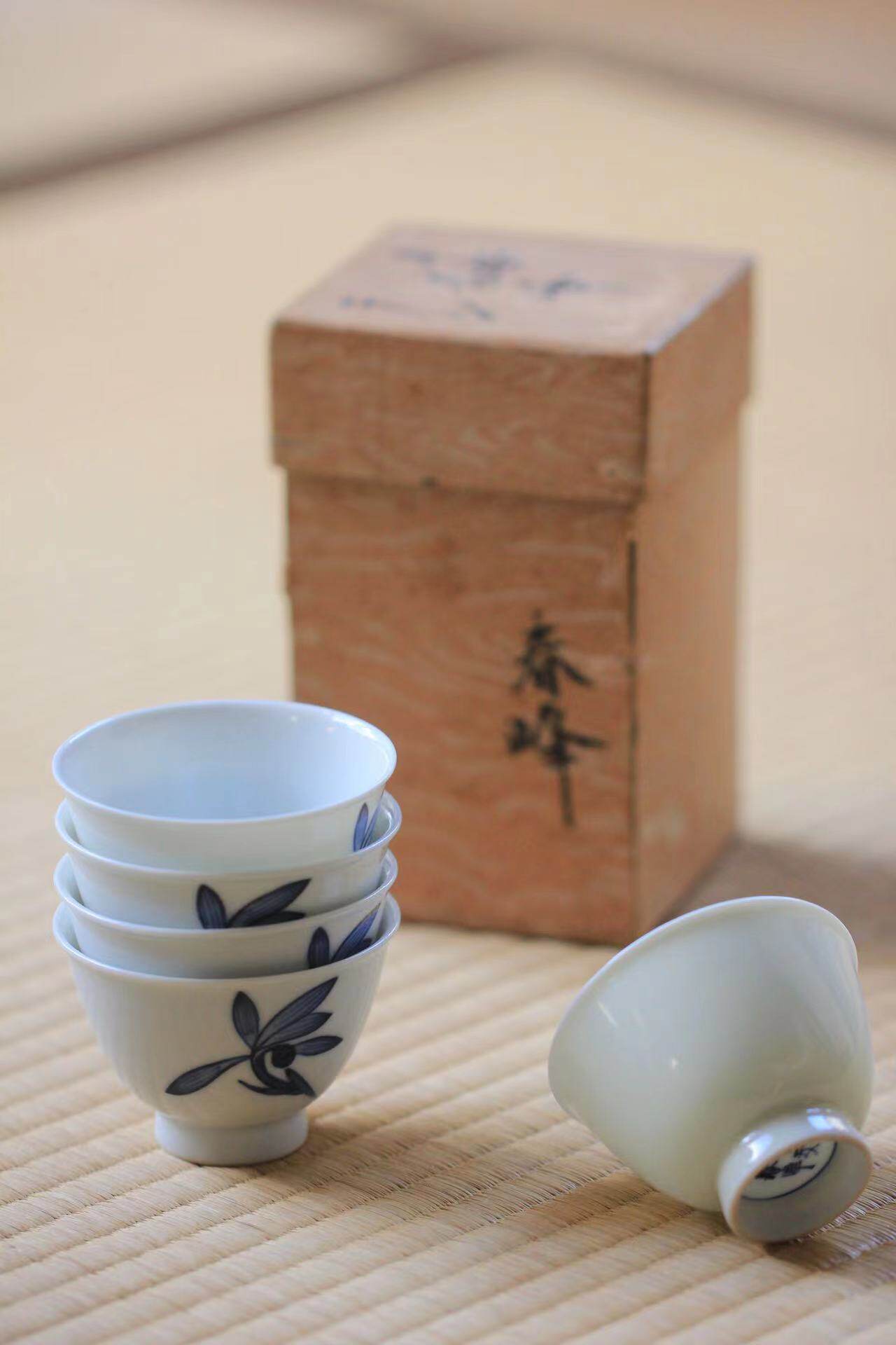 日本 平安春峰 兰花绘茶杯 品茗杯 主人杯 五客 单色釉茶杯