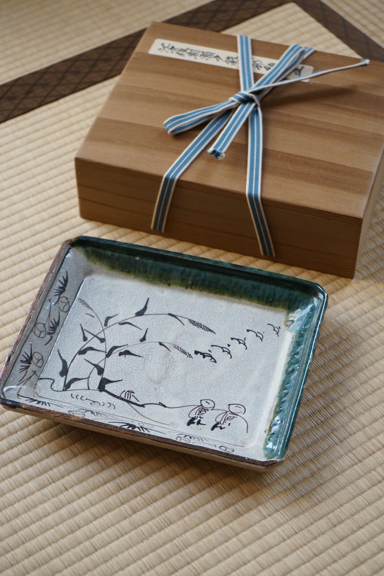 日本江户时期 织布烧方盘 方皿 壶承 茶盘 附共箱