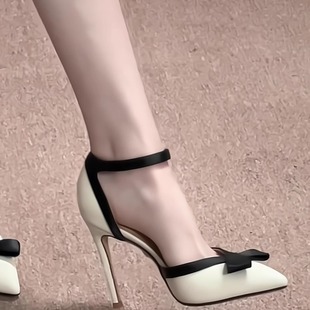 一字扣带包头凉鞋 法式 新款 女2025夏季 气质小香风尖头蝴蝶结高跟鞋