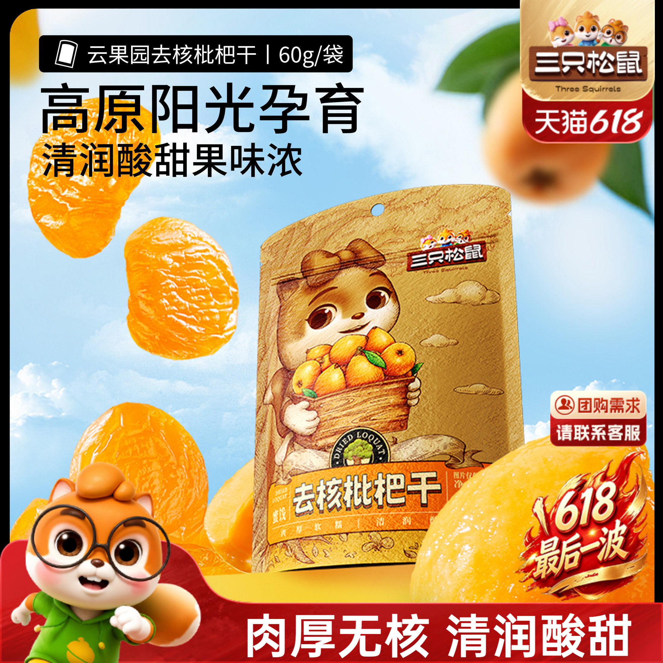 【三只松鼠_枇杷干60g】肉厚无核酸甜大凉山琵琶蜜饯鲜果果干