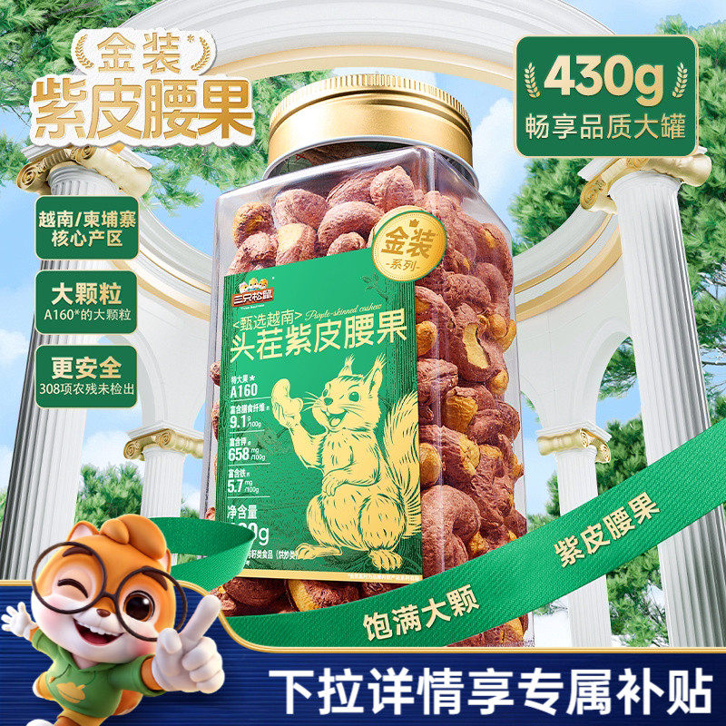三只松鼠金装越南紫皮腰果430g罐装坚果腰果2026新货休闲健康零食
