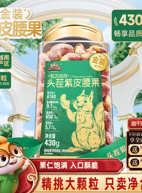 三只松鼠金装越南紫皮腰果430g罐装坚果腰果仁大颗粒休闲健康零食