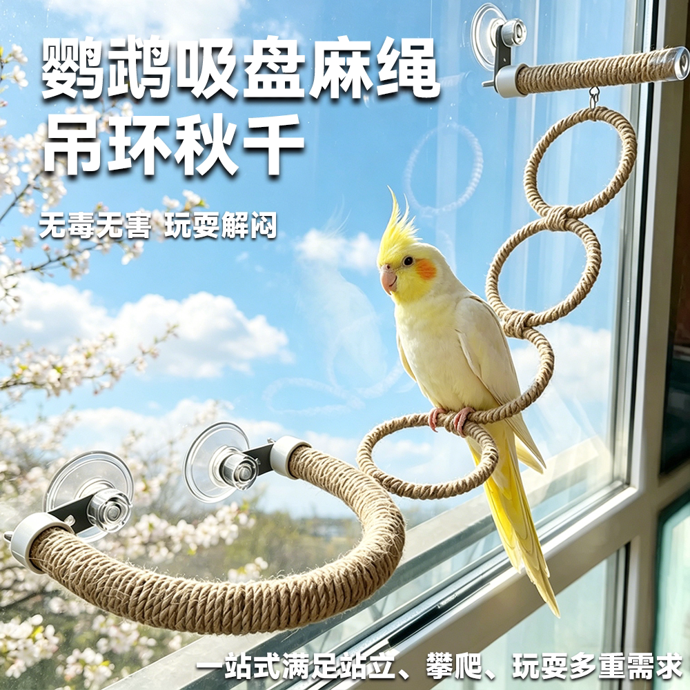 鹦鹉吸盘麻绳吊环秋千磨爪玩具图片