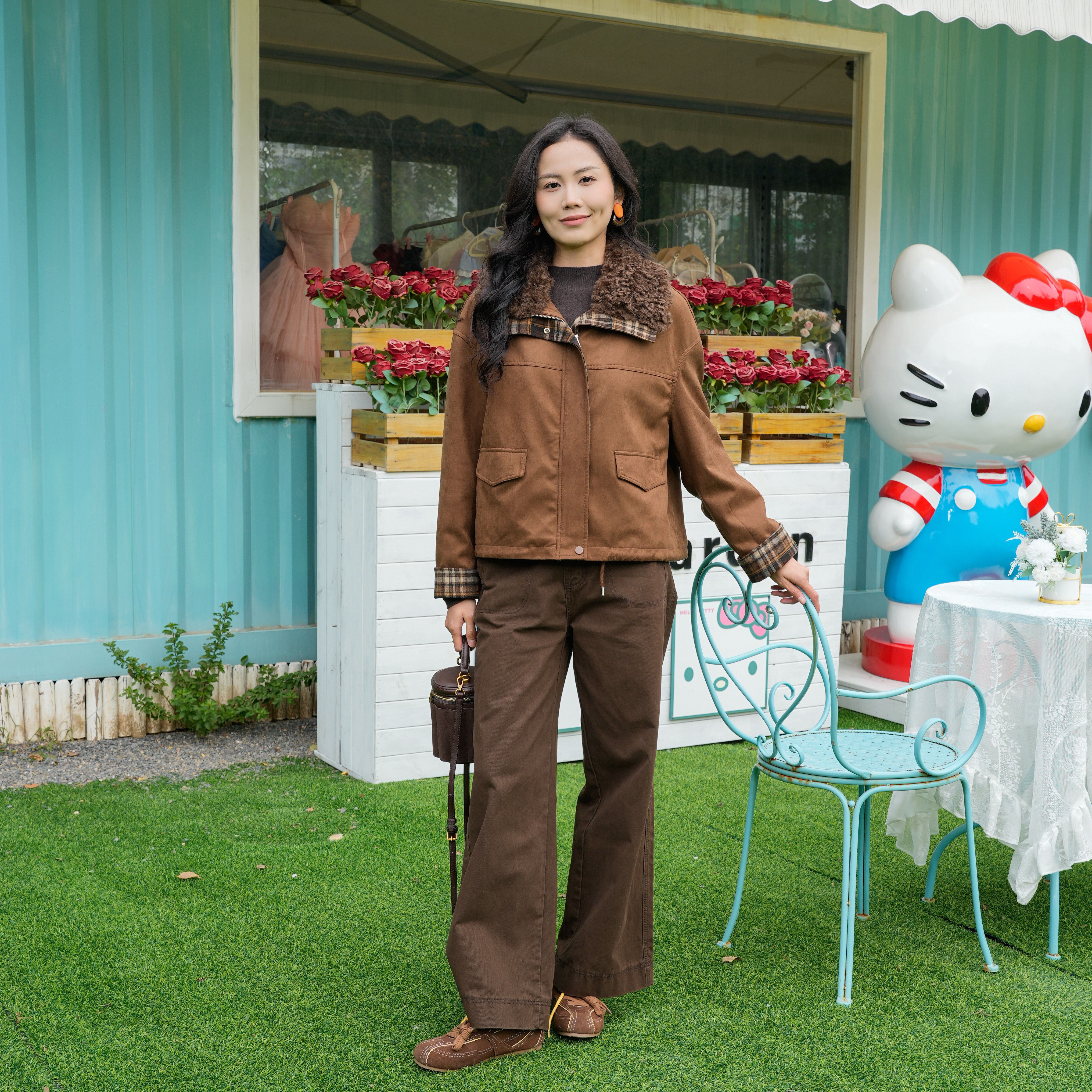 休闲短款格子拼接外套女2025年冬装新款毛领夹克时尚百搭上衣D186