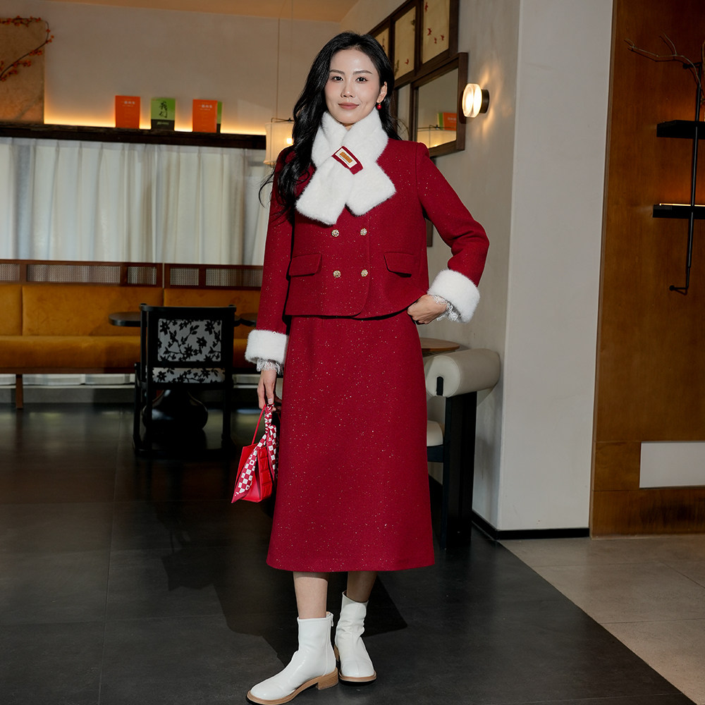 小香风红色毛呢套装女2025冬季新款双排扣围巾领气质新年两件套裙,女装/女士精品,时尚套装,淘宝优惠券,粉丝福利购,淘宝优惠卷