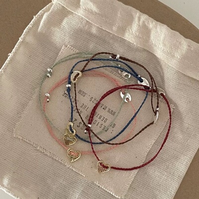 韩国Mars25彩色爱心手绳925纯银ins小众手工编织手链叠戴极细红绳