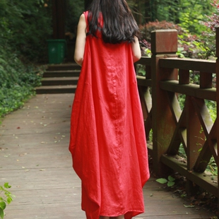 新款杨丽萍同款无袖民族风棉麻大码宽松显瘦女长款连衣裙亚麻长裙