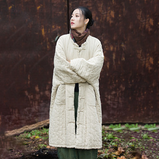 冬季女装新款加厚大码宽松长款苎麻棉衣棉袄棉服禅意茶服女式袍子