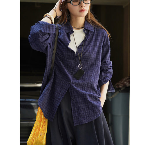 文艺知识分子风蓝色格纹衬衫