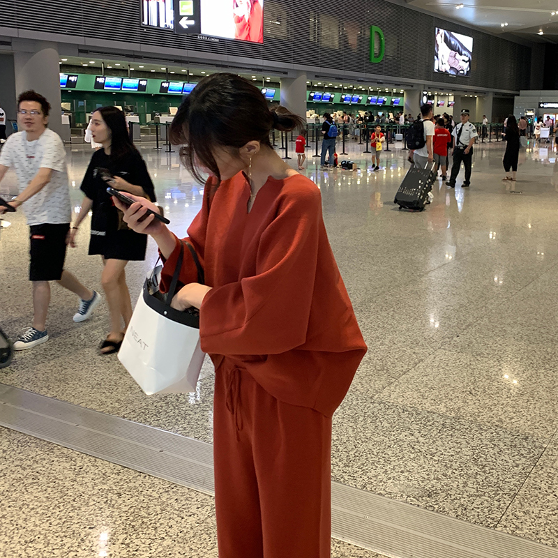 秋季网红气质阔腿裤+上衣两件套显瘦休闲洋气针织套装女2019新款(非品牌)