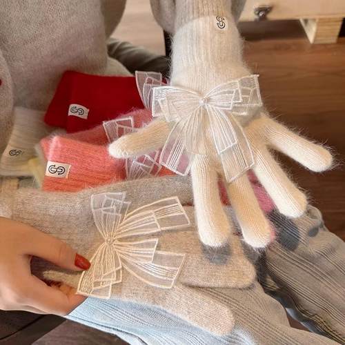 冬季兔耳蕾丝钉珠保暖手套