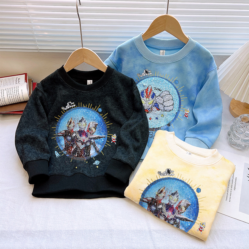 儿童秋冬新款奥特曼一体绒扎染卫衣帅气男孩变色亮片加绒保暖上衣