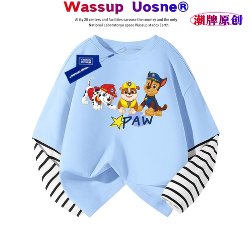 汪汪队衣服假两件长袖薄款T恤衫