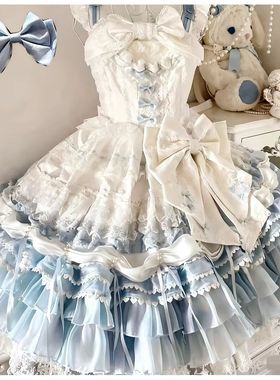 缘结恋曲蓝Lolita重工刺绣甜美华丽花嫁洋装吊带连衣裙jsk成人礼
