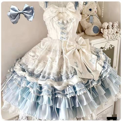 蓝色重工刺绣Lolita花嫁jsk裙