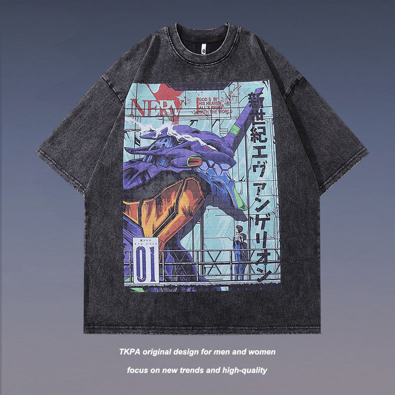 TKPA原宿复古动漫印花做旧半袖T恤男式vintage慵懒风水洗短袖tee