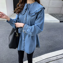 娃娃领牛仔衬衫 上衣韩范衬衣外套潮 女宽松中长款 新款 2019秋季 女装