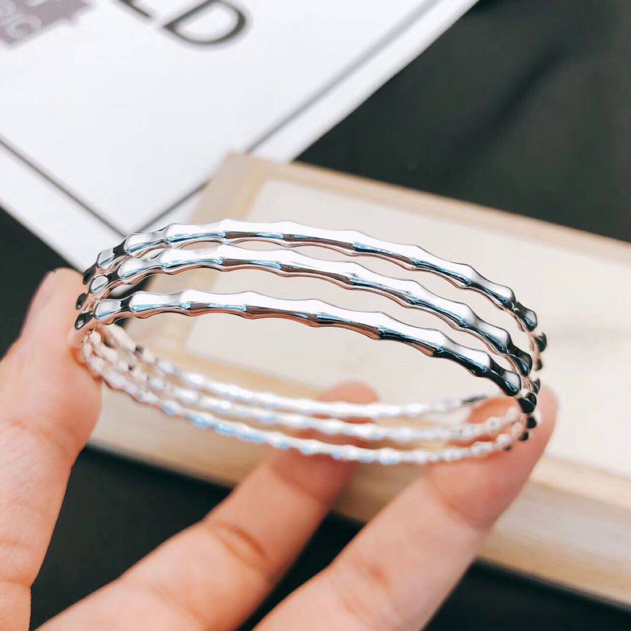 999银三生三世多环细圈竹节闭口死扣纯银女手镯平安富贵节节高