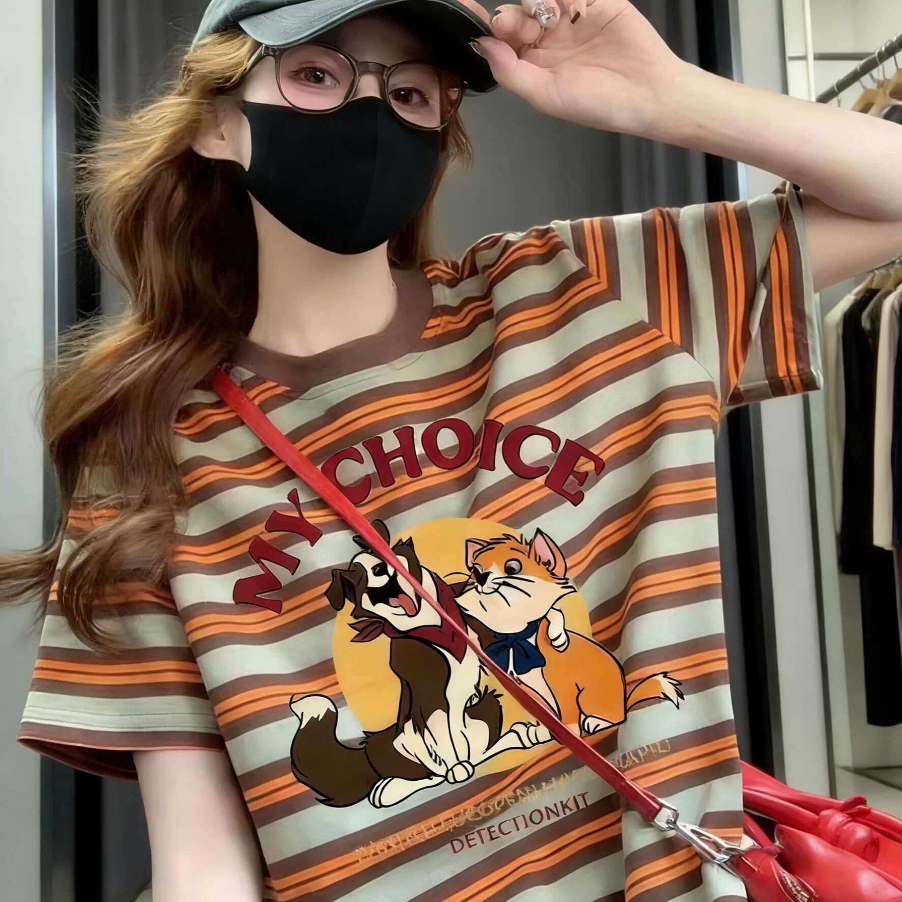 美式条纹卡通短袖T恤女2026新款夏季宽松韩版慵懒风洋气减龄上衣