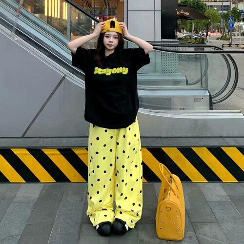 多巴胺波点阔腿裤运动套装女