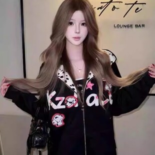 黑色斑点狗字母刺绣连帽卫衣女秋冬季加绒加厚设计感小众开衫外套