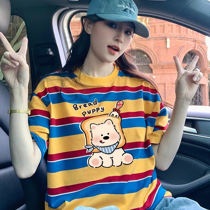 美式卡通撞色条纹短袖t恤女2026新款夏季减龄宽松学院风复古上衣