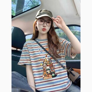 宽松韩版 2026新款 慵懒风上衣 t恤女夏季 红蓝条纹可爱卡通潮牌短袖