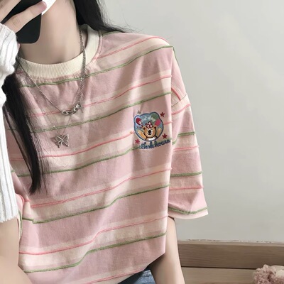 夏季多巴胺撞色条纹短袖T恤女