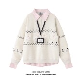 假两件费尔岛小狗刺绣Polo领卫衣女秋冬季 加绒加厚学院风衬衫 上衣