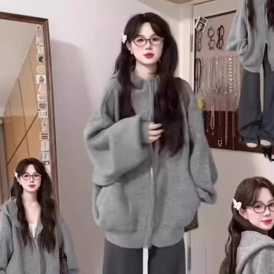 灰色慵懒学院风连帽开衫针织衫女秋冬加厚高级感拉链开衫毛衣外套