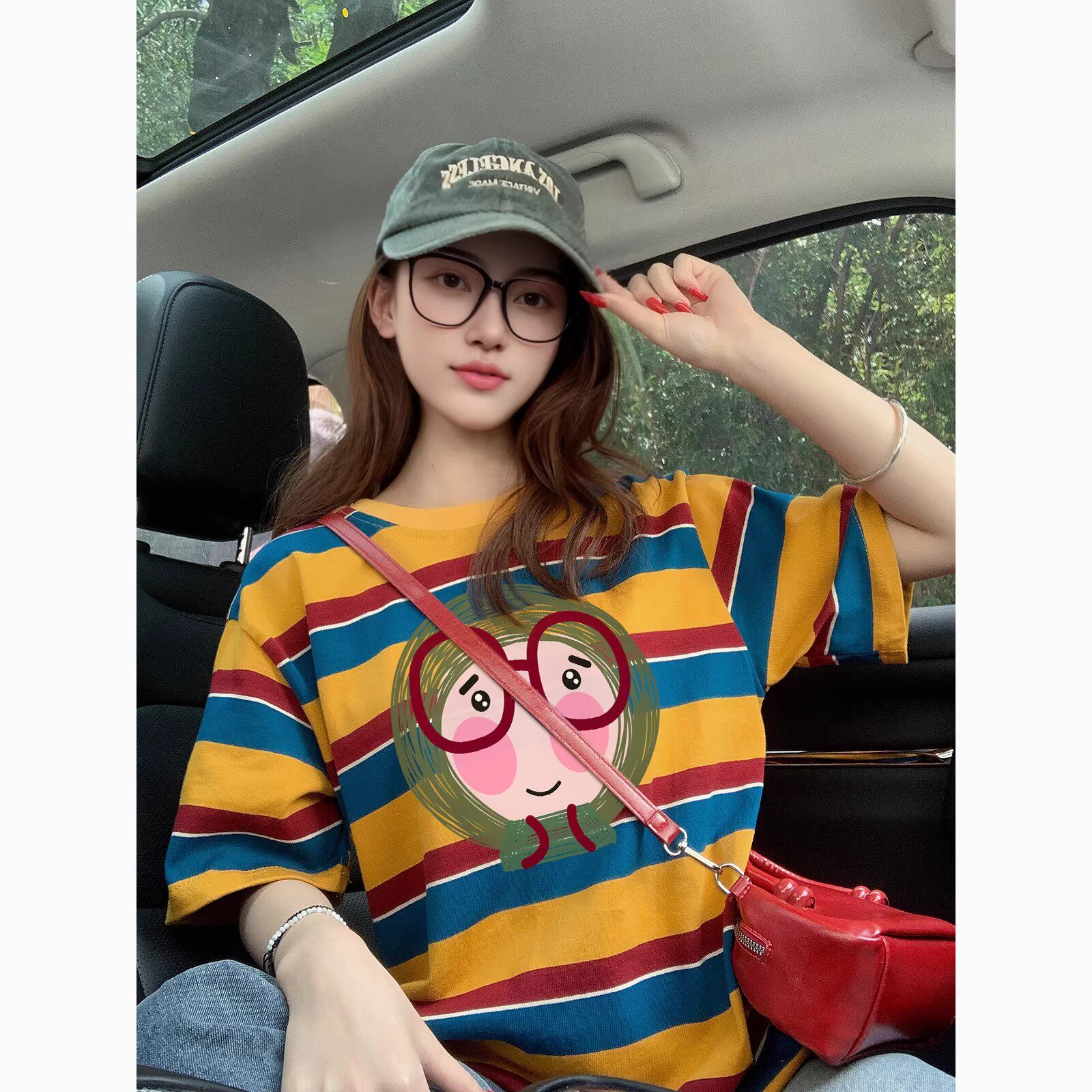 美式橙色条纹短袖t恤女2026新款夏季潮牌卡通学院风宽松纯棉上衣