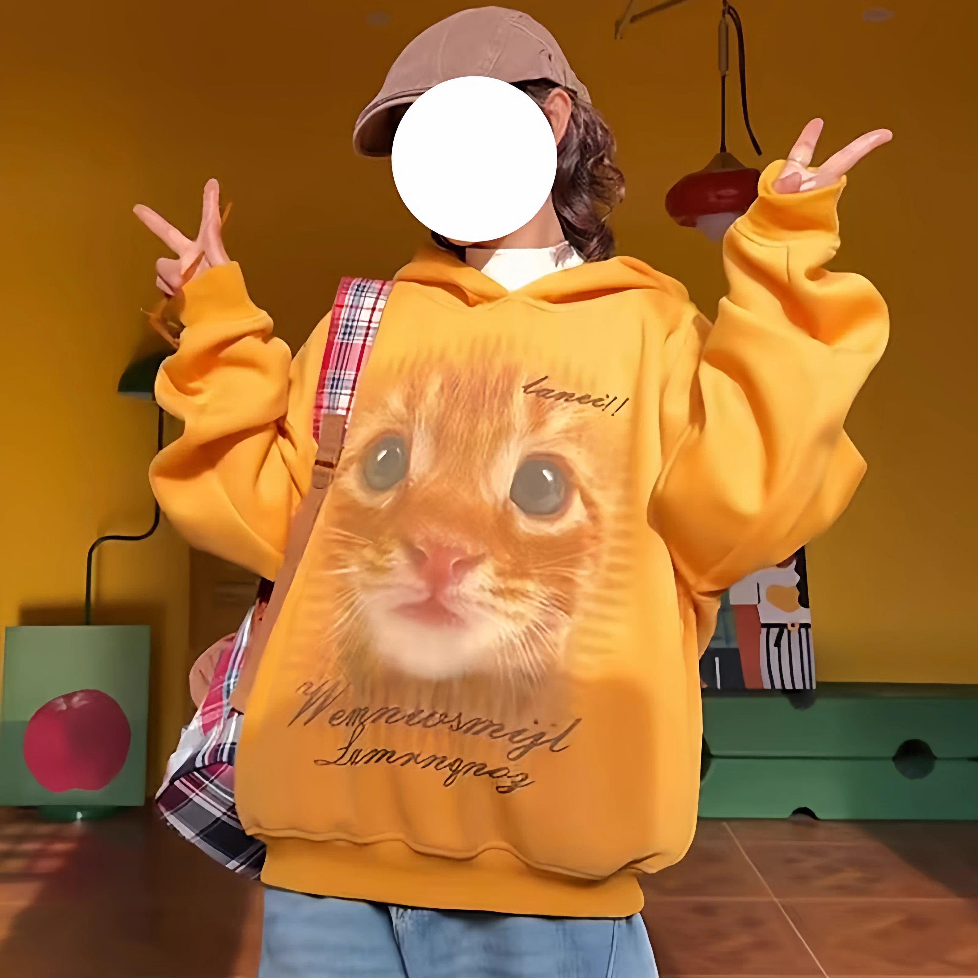 网红爆款卡通猫咪印花连帽卫衣女秋冬加绒宽松初高中生橘黄色上衣