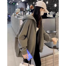 灰绿色连帽卫衣女2024新款爆款秋冬款加绒小个子纯色拉链开衫外套