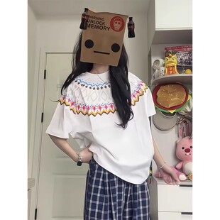 2026新款 t恤女宽松韩版 慵懒风夏季 高级感上衣 白色费尔岛绞花短袖