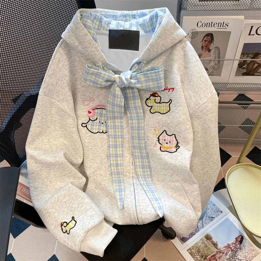 甜美格子拼接蝴蝶结连帽卫衣女2025新款初中生加绒开衫外套秋冬季